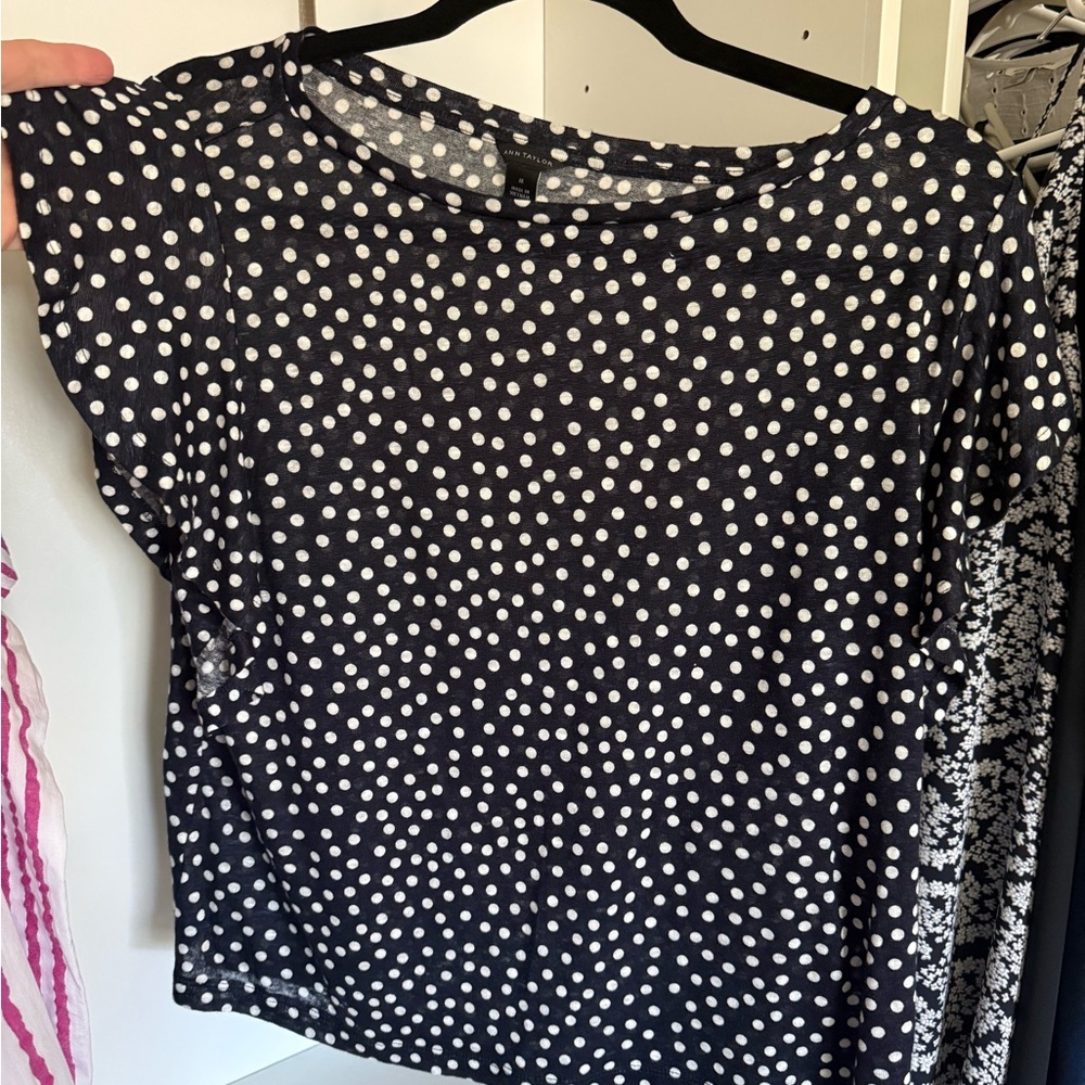Ann Taylor Navy and White Polka Dot Short Sleeve Top